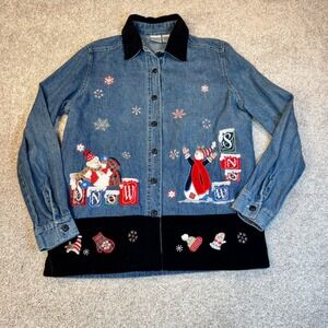 Quizz Again Womens Small Denim Snowman Embroidered Shirt Velvet Trim Holiday